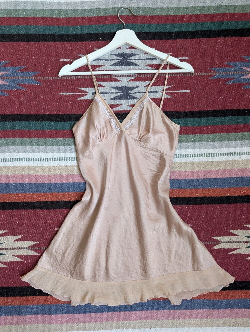 Vintage Willow Blossom Dusty Pink Silk Ruffle Slip Dress S